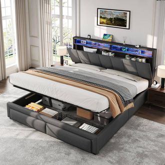 Merax Linen 5ft King Size Ottoman Storage Bed with LED & Hidden Storage in Grey