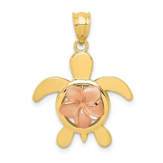 Diamond2Deal 14k Two-tone Gold Diamond-cut Rose Plumeria Turtle Pendant