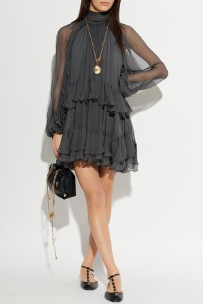 Chlo&eacute; Silk Dress With Ruffles, Womens, Grey