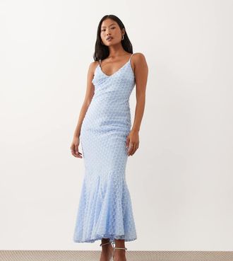 Asos Petite ASOS DESIGN Petite - Vestito con spalline sottili e scollo profondo sbieco azzurro con godet e foulard-Multi