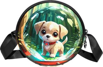 Generic Circle Crossbody Bag for Women, Dog Crystal Ball Small Sling Bag Daypack with Zipper Adjustable Shoulder Straps Casual Ladies Girls Round Purse