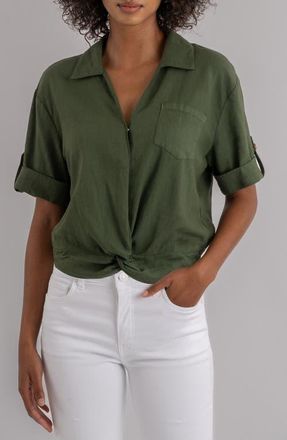 Kut from the Kloth Rebel Knot Front Linen Blend Top in Seaweed at Nordstrom, Size X-Large