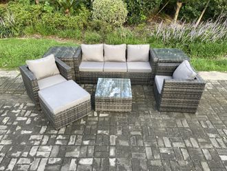 Fimous Wicker 7 Pieces Rattan Garden Furniture Sofa Set with Armchair 2 Side Tables Square Coffee Table Dark Grey Mixed