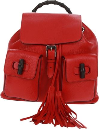 Gucci Bamboo Tassel Backpack Leather Red Leather Backpack Bag (Pre-Owned)