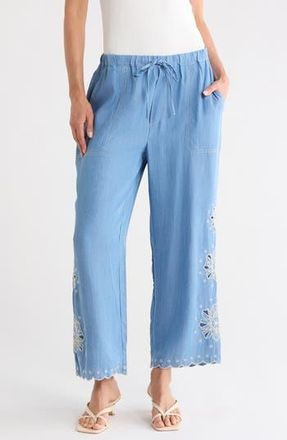 T Tahari Embroidered Eyelet Chambray Pants in Washed Denim/Cream at Nordstrom Rack, Size X-Small