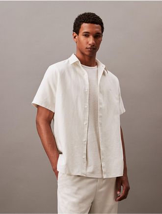Calvin Klein Mens Solid Linen Blend Classic Button-Down Shirt - Neutral - XL