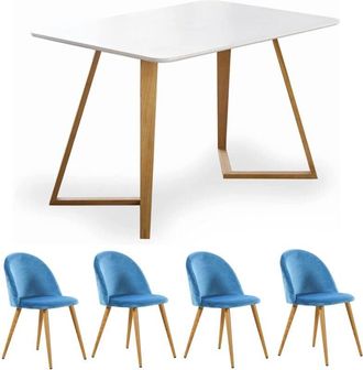 Life Interiors Life Interiors - Dallas Lucia Dining Set - a White Wooden Dining Table and Set of 4 Blue Velvet Dining Chairs - Dining Room Kitchen