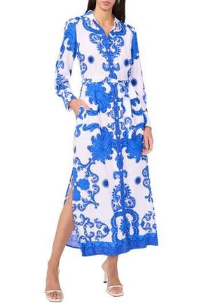 Halogen Print Long Sleeve Belted Shirtdress in Turkish Blue at Nordstrom Rack, Size Medium