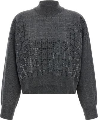 Brunello Cucinelli Grey Embellished Turtle Neck Sweater