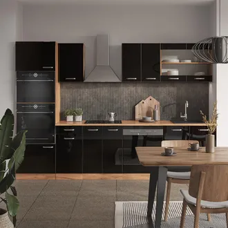 Vicco Mueble De Cocina R-line, Roble Negro/dorado De Alto Brillo, 300 Cm Con Armario Alto, Sin Encimera