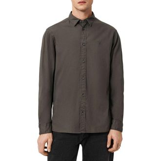 AllSaints Hawthorne Solid Stretch Cotton Button-Up Shirt in Deep Sage Green at Nordstrom, Size Xx-Large