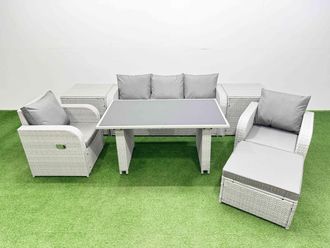 Fimous Outdoor Rattan Garden Furniture Dining Set 6-seater with 2 Side Tables in Light Grey