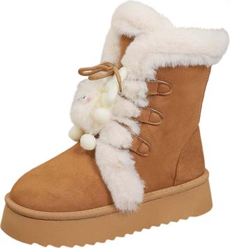 Generic Womens Snow Boots Platform Winter Fur Lined Shoes Lace Up Low Chunky Heel Flat Warm Ladies Winter Ankle Boots Lightweight Outdoor Anti-Slip Hiking Wal