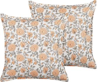 Beliani Conjunto De 2 Cojines De Algod&oacute;n Naranja Blanco Gris 45 X 45 Cm Borlas Meadia
