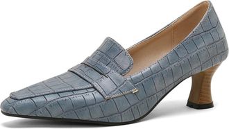 Generic Women Pointed Toe Loafers Solid Color Crocodile Texture Penny Strap Curved Block Heel Slip On Narrow Toe Cap Non Slip Durable Comfortable Dress Shoes,