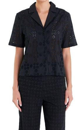 English Factory Floral Eyelet Cotton Camp Shirt in Black at Nordstrom, Size X-Small