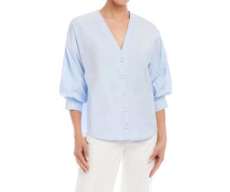 Karen Kane Lantern Sleeve Pearl Button Top In Light Blue