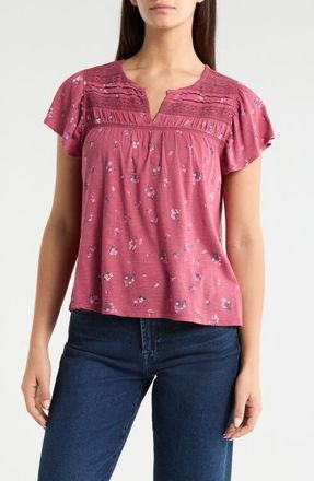 Lucky Brand Floral Flutter Sleeve Cotton Blend Top in Berry Floral at Nordstrom, Size X-Small