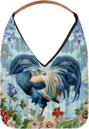 Generic Rooster Flower Blue Background Reusable Lightweight Grocery Bags - Foldable Into Compact Pouch, Washable & Sturdy, Multipurpose for Shopping and Trave