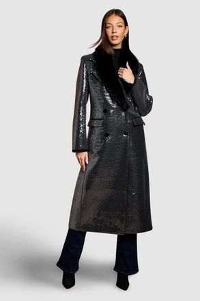 Coast Faux Fur Collar Sequin Longline Coat in Black at Nordstrom, Size 10