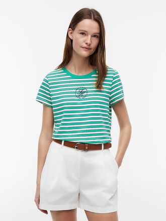 Tommy Hilfiger Womens Nautical Script Monogram Striped T-Shirt - Cosmic Green - XXL