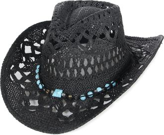 Eozy Men & Womens Summer Cowboy Cowgirl Straw Hat Hollow Out Style Roll Up Brim Beach Sun Hat for Ladies Black