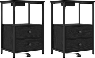 vidaXL Bedside Cabinet with Charging Station 2 pcs Black oak Vidaxl