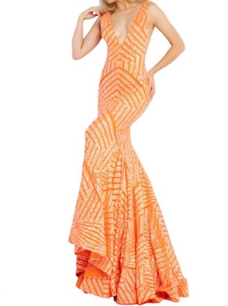 Jovani Embellished Sexy Low V Party Dress In Neon Orange