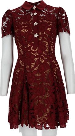 Self Portrait Burgundy Floral Lace Mini Dress With Puff Sleeves And Scalloped Hem