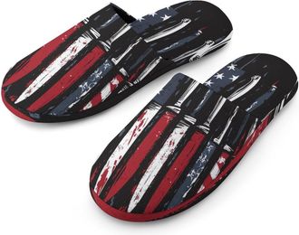 Generic United States Flag Cooking Knives Warm Mens Slippers Slip On Soft Fleece House Shoes Winter Indoor Outdoor