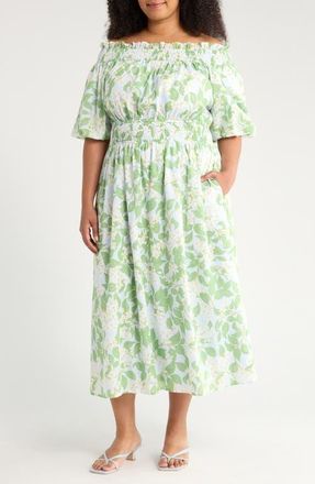 Sugarlips Kiany Floral Magna Town Off the Shoulder Cotton Midi Dress in Light Blue/Green at Nordstrom, Size 1 X