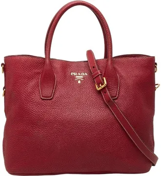 Prada Red Color Leather Shoulder Bag Tote Bag (Pre-Owned)