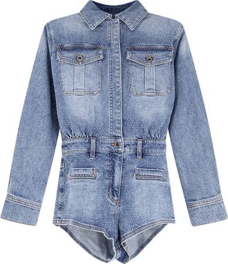 Self Portrait Blue Denim Embellished Short Jumpsuit