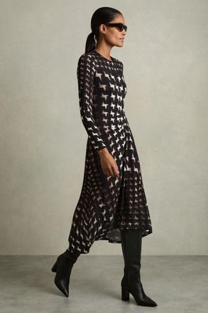 Reiss Black Houndstooth-print Ruched Midi Dress, M