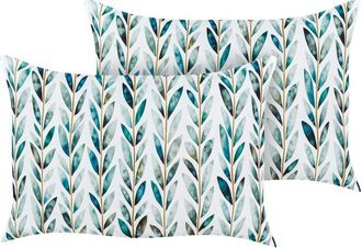 Beliani Conjunto De 2 Cojines De Jard&iacute;n Almohada De Exterior 40 X 60 Cm Poli&eacute;ster Motivo Hojas Blanco Y Verde Loano