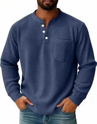 Generic Corduroy shirts Henley collar Mens Waffle Sweatshirt with Pocket V-Neck Button Up Flap Pockets Autumn Modern Cozy Navy XL
