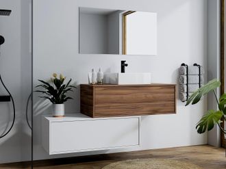 Vente-Unique Mobile per bagno sospeso con lavabo singolo e due cassetti 94 cm Naturale scuro e Bianco - TEANA II