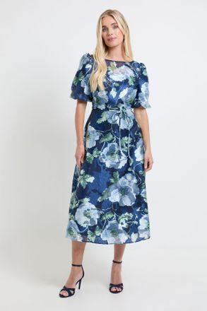 Wallis Womens Petite Floral Organza Puff Sleeve Midi Dress - Navy - Size 20 UK