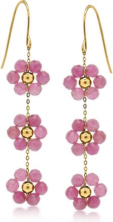RS Pure by Ross-Simons Pink Tourmaline Bead Flower Drop Earrings in 14kt Yellow Gold