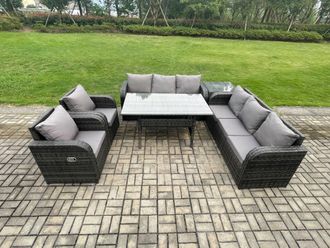 Fimous 6 Piece Rattan Garden Furniture Set with Patio Sofa Rectangular Dining Tablel Side Table Indoor Conservatory Patio Set in Dark Grey