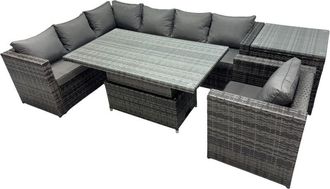 Fimous Fimous 7-seater Height Adjustable Rising Lifting Table Corner Sofa Set Rattan Garden Furniture Dining Set with Side Table Dark Grey Mixed