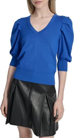 DKNY Puff Sleeve V-Neck Sweater in Classic Blue at Nordstrom, Size Large