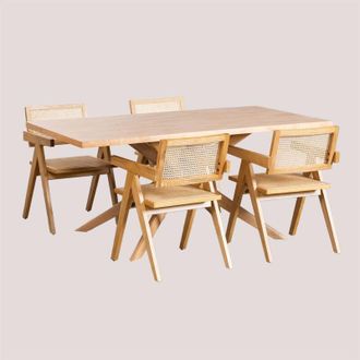 Sklum Sklum - Set tavolo da pranzo rettangolare (180x90 cm) Arnaiz e 4 sedie con braccioli in legno Fresno e rattan stile Lali