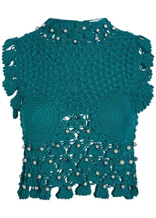 Paco Rabanne Bead-embellished Crochet Cotton Crop top - Green - S (UK8-10 / S)