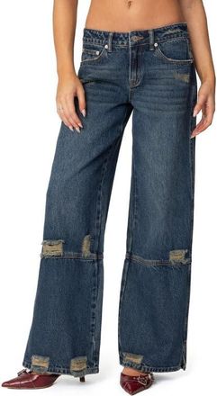 Edikted Ripped Low Rise Wide Leg Jeans in Blue at Nordstrom, Size X-Large
