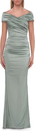La Femme Off-the-Shoulder Ruched Satin Evening Gown in Sage at Nordstrom, Size 2