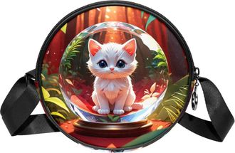 Generic Circle Crossbody Bag for Women, Cat Crystal Ball Small Sling Bag Daypack with Zipper Adjustable Shoulder Straps Casual Ladies Girls Round Purse