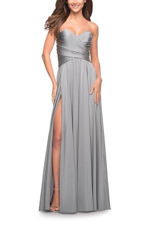 La Femme Simple Strapless Jersey Dress with High Slit in Silver at Nordstrom, Size 00