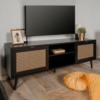 Calicosy Calicosy - Vienna56a Mueble Tv 2 Puertas Y Compartimento Abierto Negro Con Frentes Efecto Mimbre