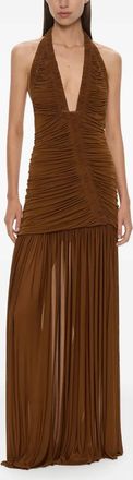 CHRISTOPHER ESBER Orion avondjurk met halternek en ruches - Bruin